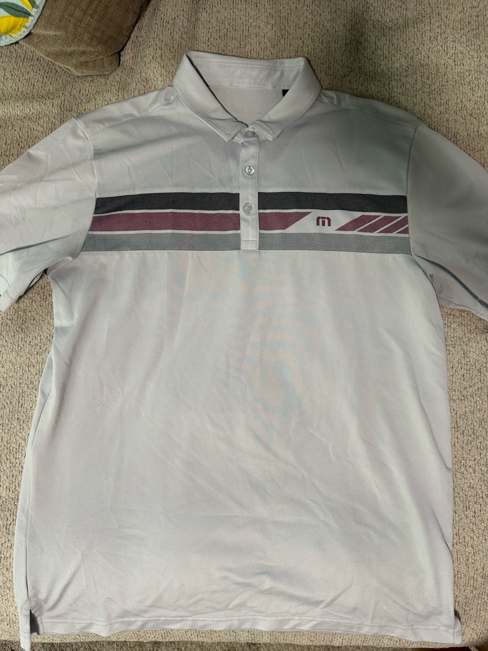 Travis Mathew Light Gray Polo with Burgundy and Black Chest Stripes